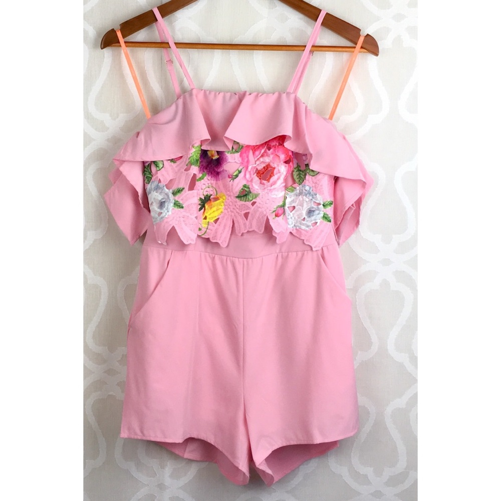 *CLEARANCE* Rose Pink & Floral Off Shoulder Romper - Picture 4 of 8